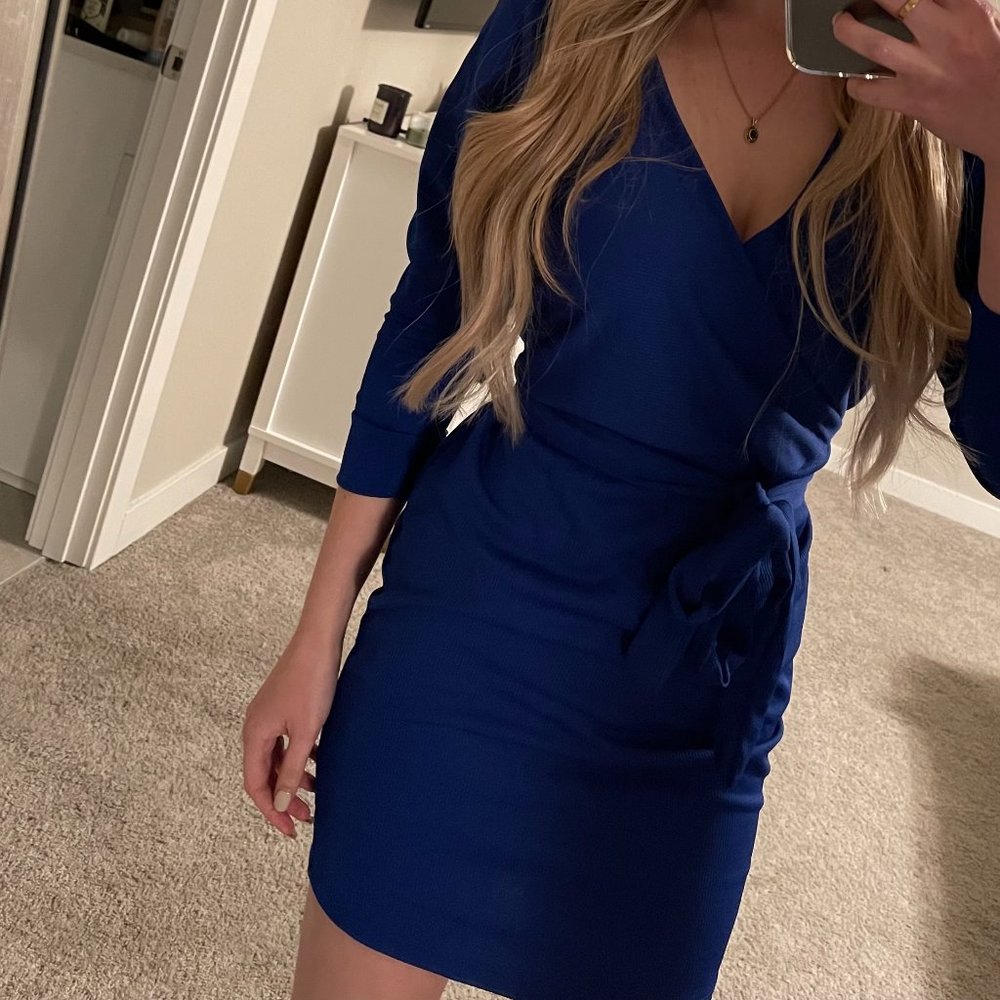 Blue Sweater Dress with Waist Tie